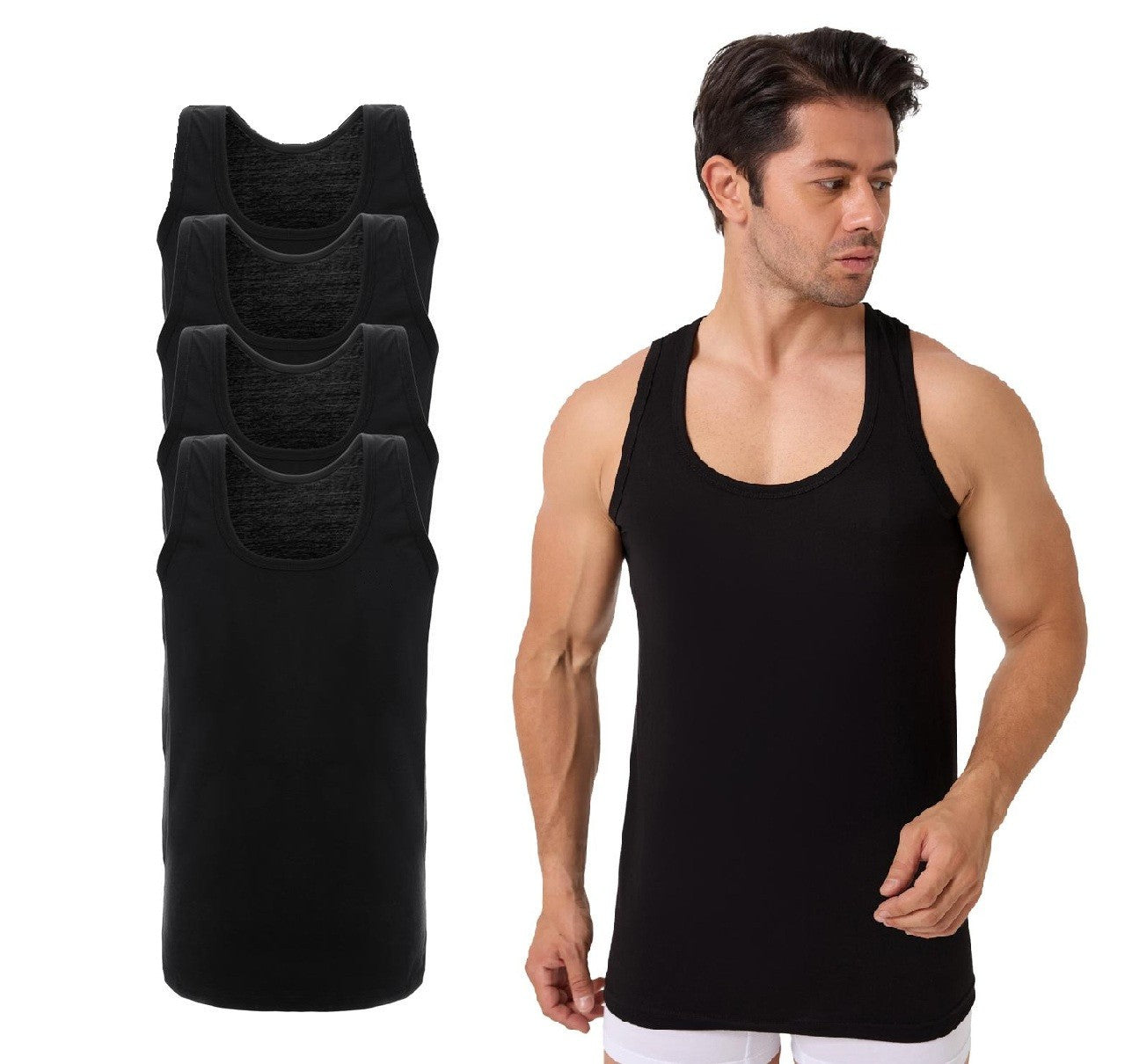 4er Pack Herren Unterhemd Achselhemd Tanktop 100% Baumwolle Schwarz M