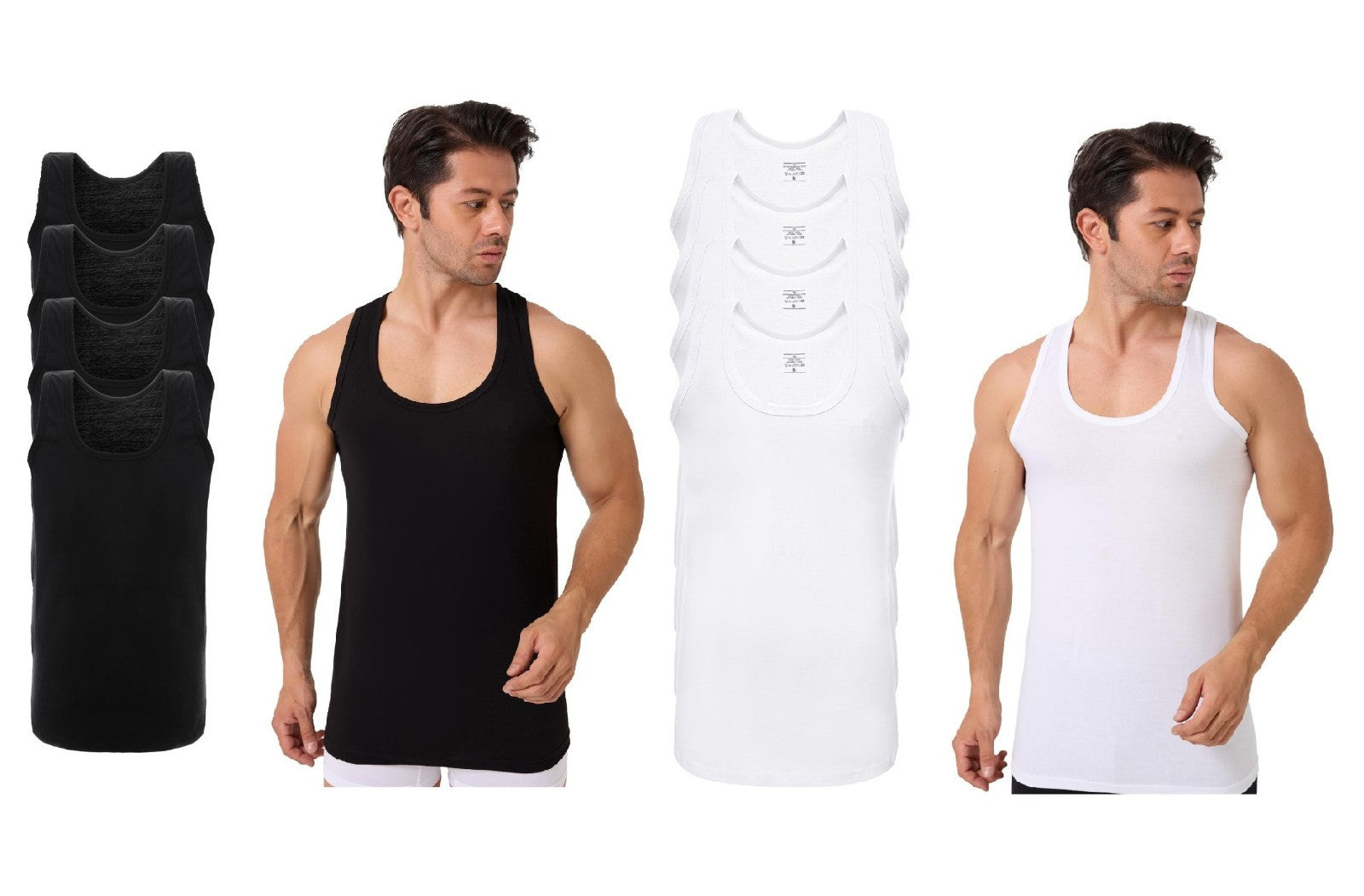 4er Pack Herren Achselhemd Unterhemd Tanktop 100% Baumwolle Weiß & Schwarz M Weiß